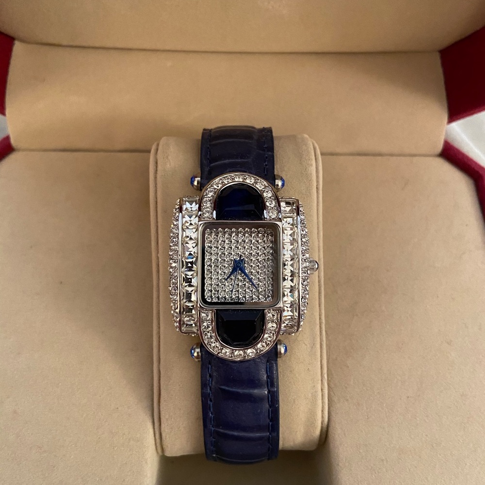 Blue leather watch with gemstone accents